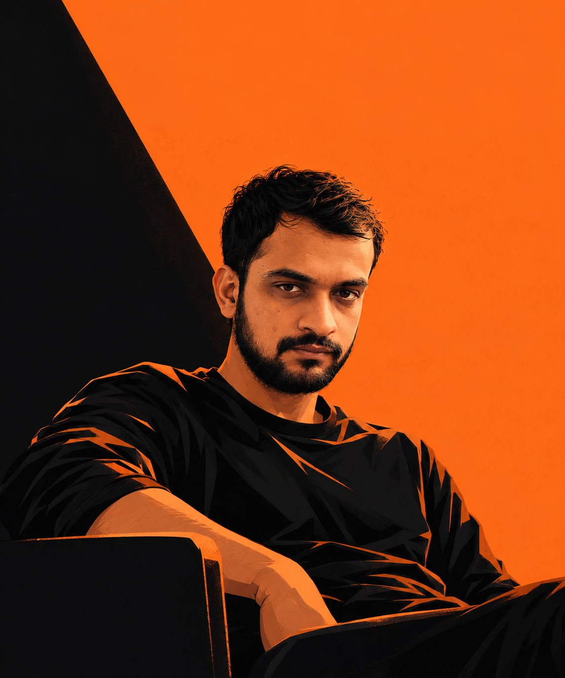 Ajay Yadav sitting still against colliding planes of orange and black